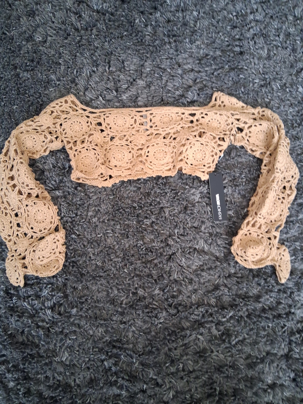 Fashion Nova Beige Crochet Circle-Motif Long Sleeve Crop Top